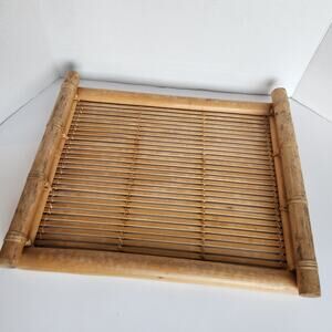 Large Vintage Bamboo Rattan Serving Tray Rectangular Retro Tiki Barware MCM Boho